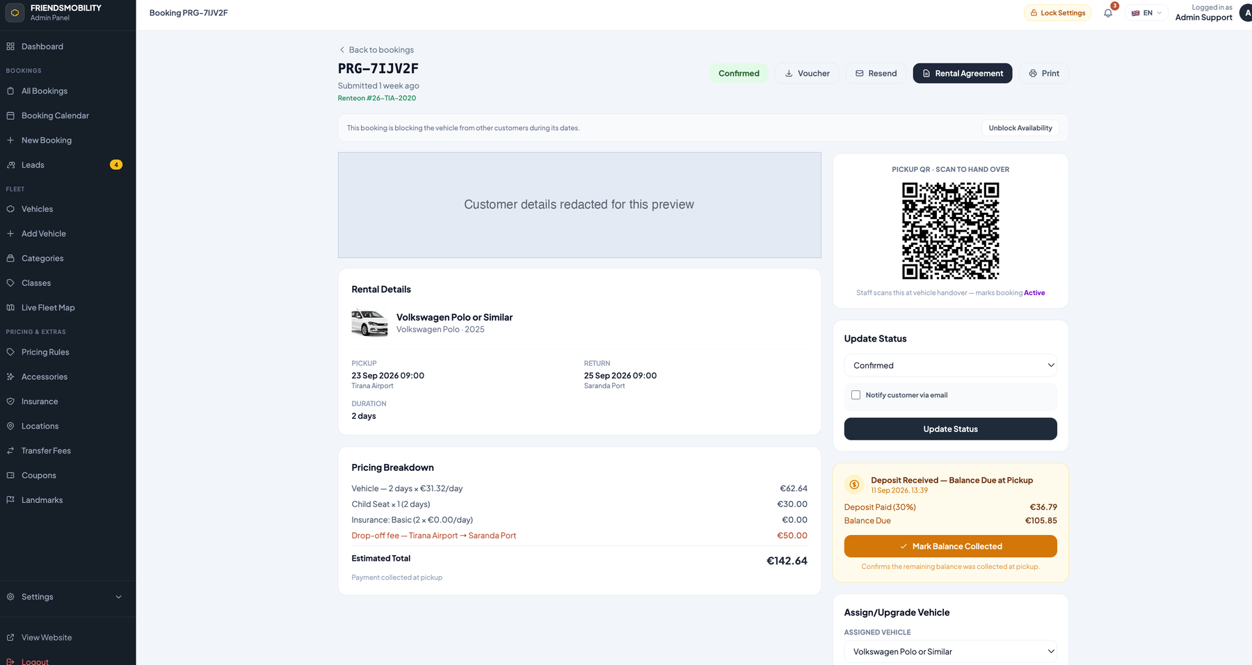 Booking detail — QR handover and deposit tracking