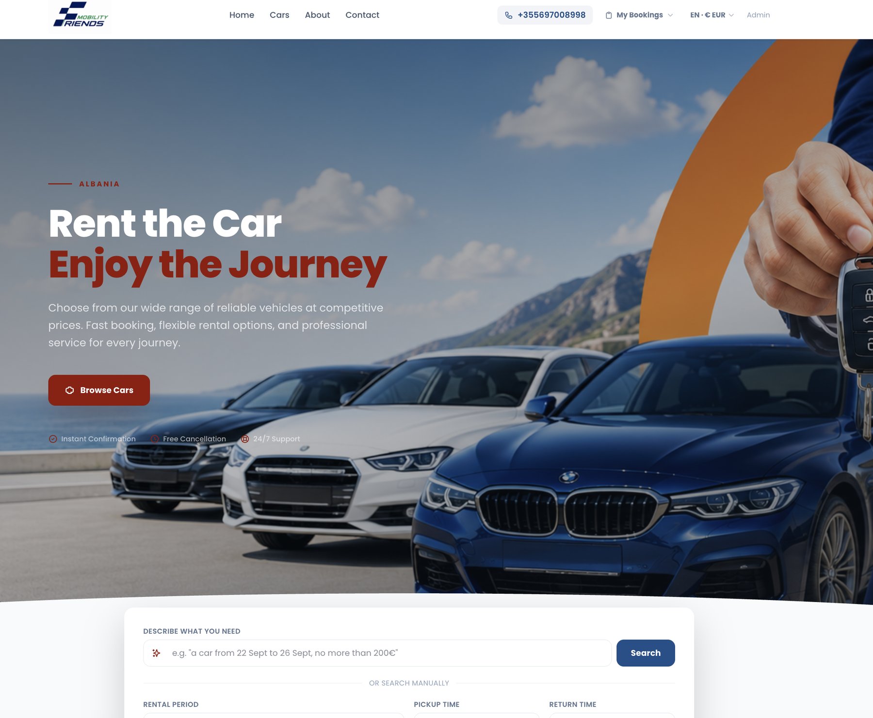 Customer-facing booking site — homepage