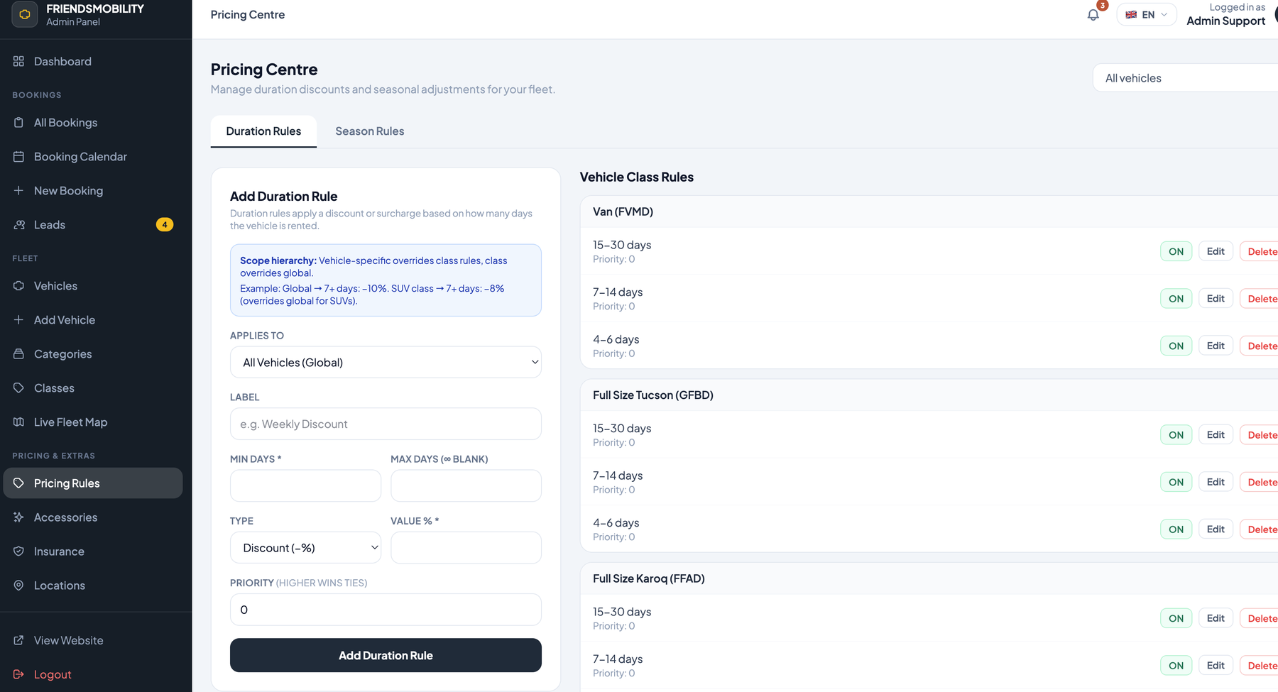 Pricing centre — duration and seasonal rules