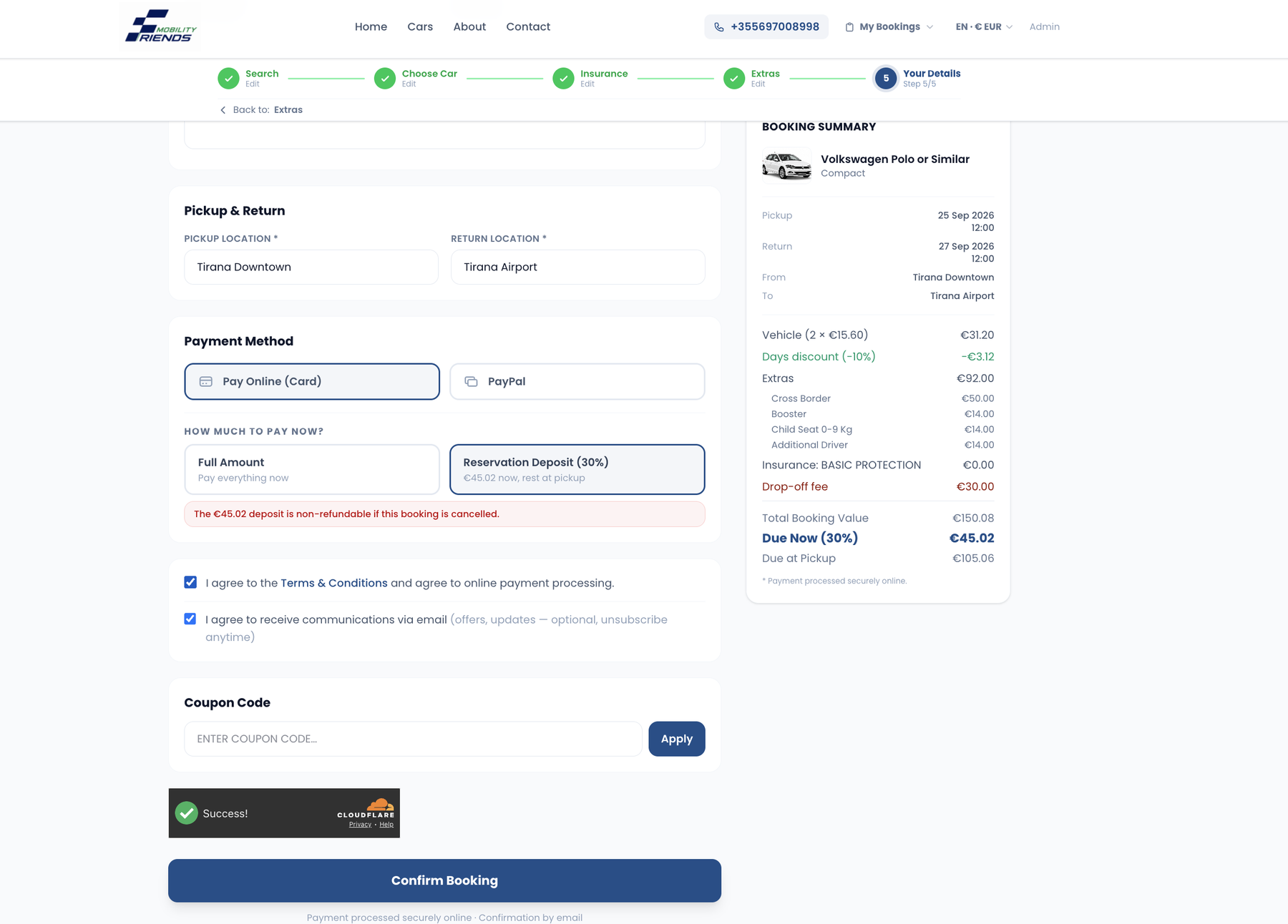 Checkout — payment method and deposit option