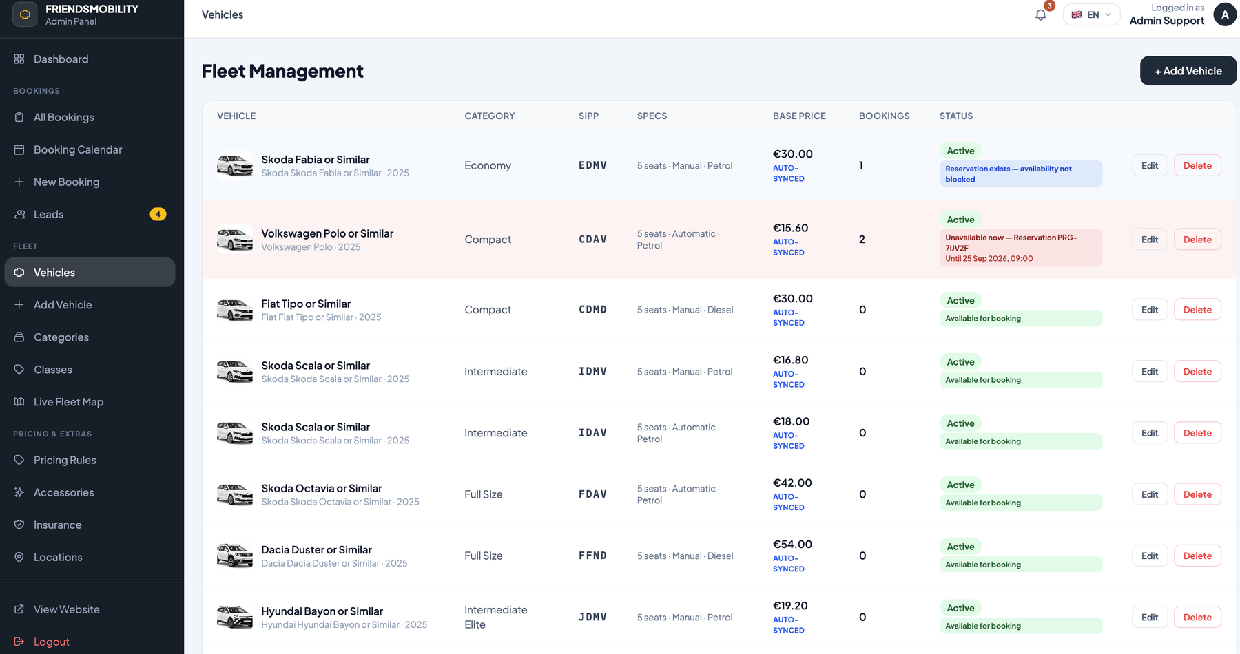 Fleet management — vehicles, pricing and status