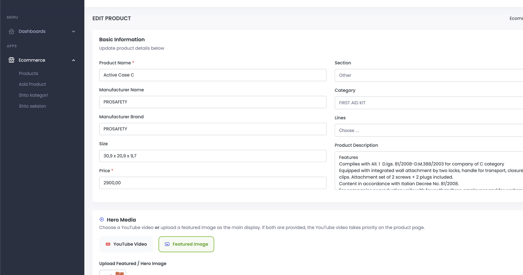 Admin — edit product form
