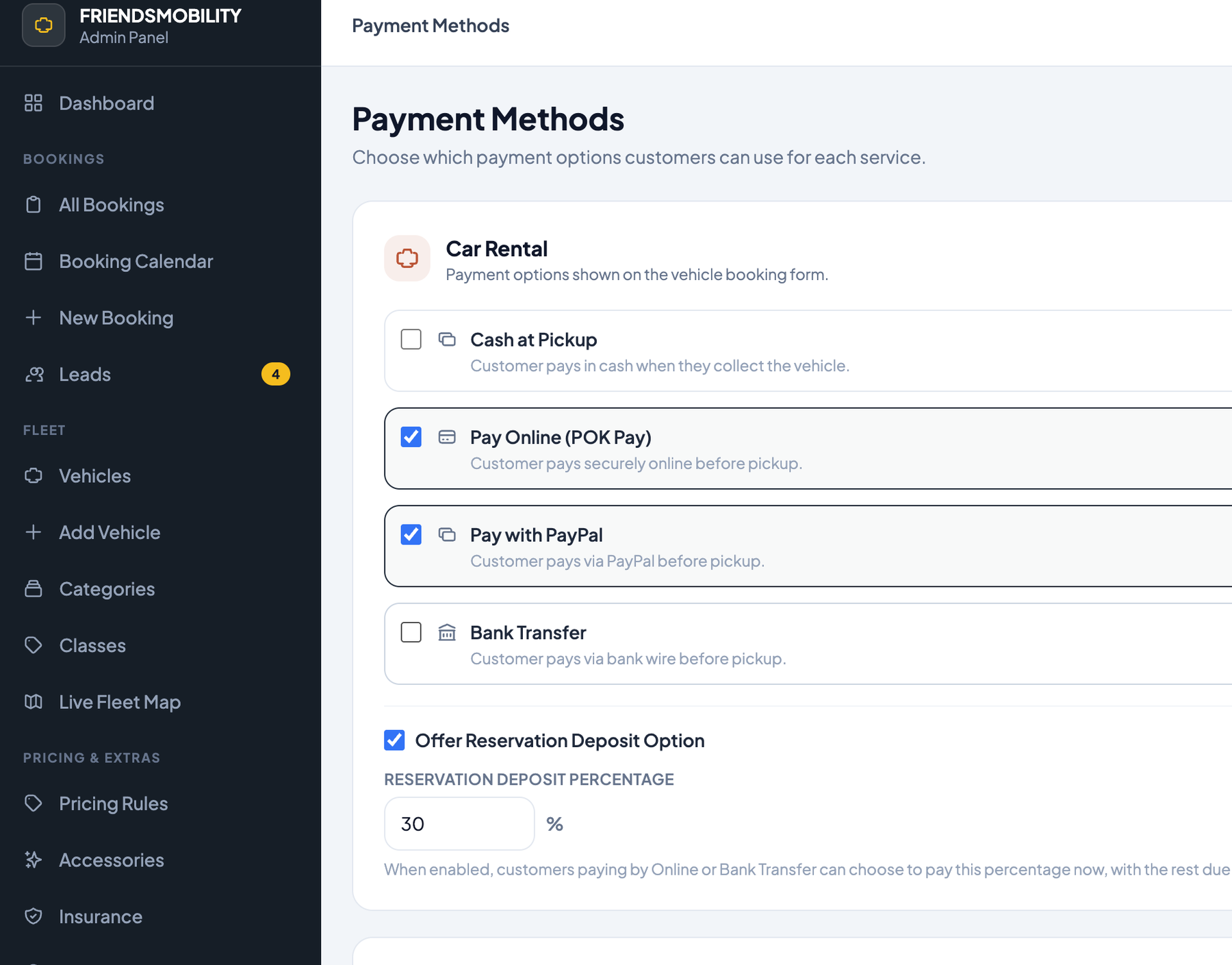 Payment method configuration