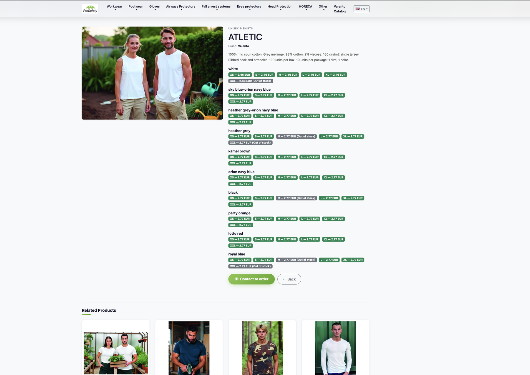 Product detail — size, colour and price matrix